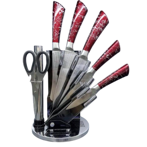 Bass 8-Piece Kitchen Knife Set | Stainless Steel | Marble Coating | Rotating Stand