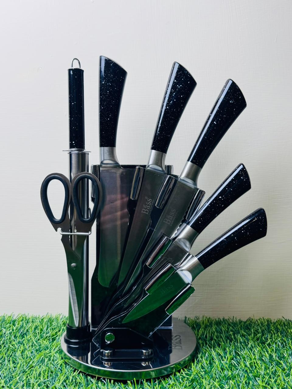 Bass 8-Piece Kitchen Knife Set | Stainless Steel | Marble Coating | Rotating Stand