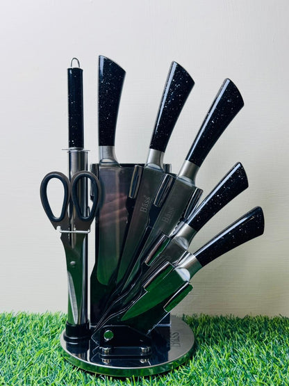 Bass 8-Piece Kitchen Knife Set | Stainless Steel | Marble Coating | Rotating Stand