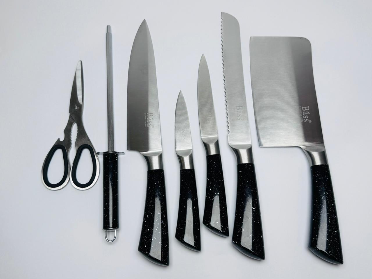 Bass 8-Piece Kitchen Knife Set | Stainless Steel | Marble Coating | Rotating Stand