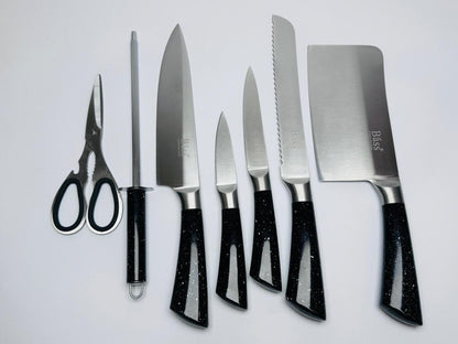 Bass 8-Piece Kitchen Knife Set | Stainless Steel | Marble Coating | Rotating Stand