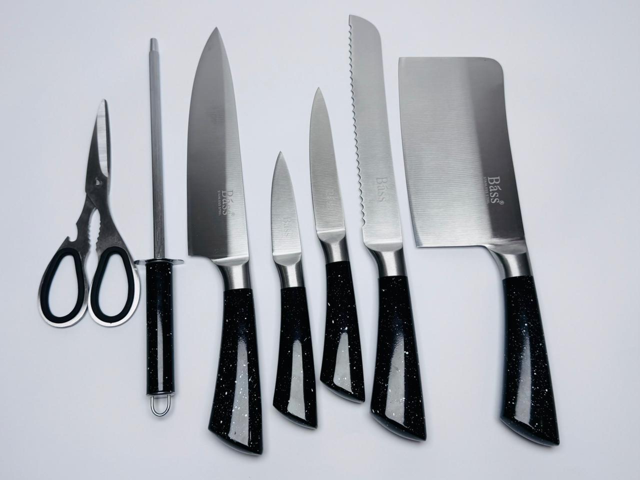 Bass 8-Piece Kitchen Knife Set | Stainless Steel | Marble Coating | Rotating Stand