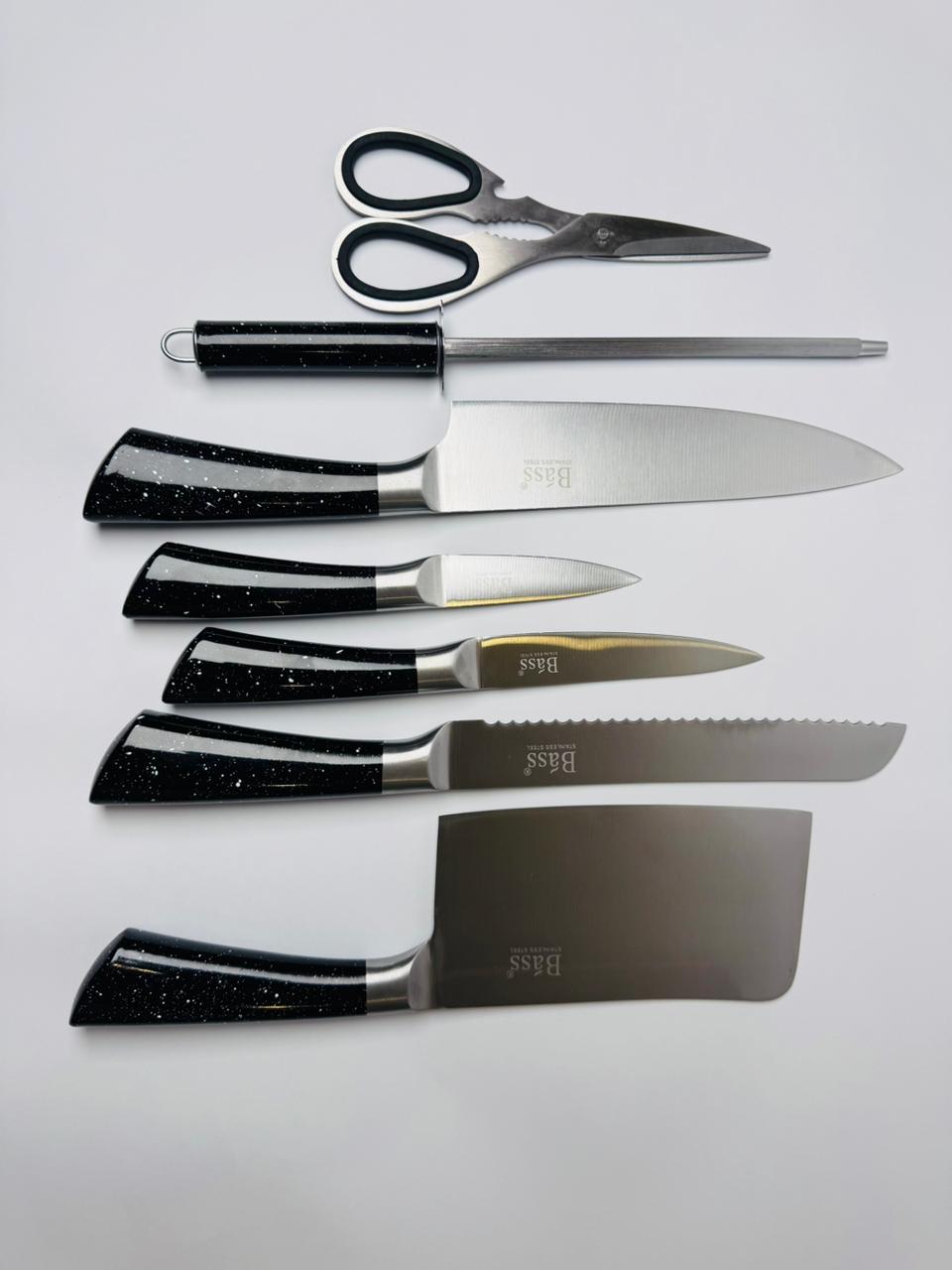 Bass 8-Piece Kitchen Knife Set | Stainless Steel | Marble Coating | Rotating Stand