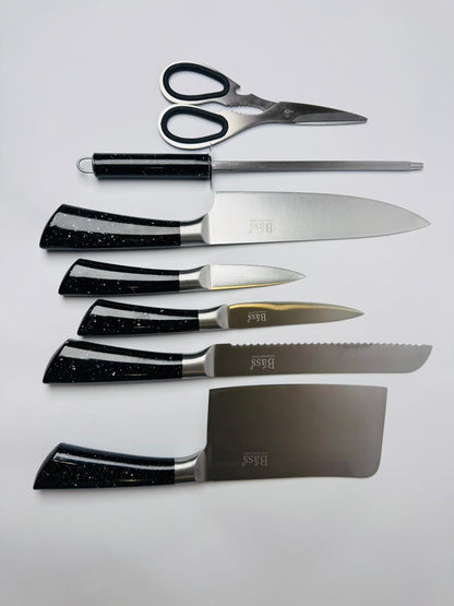 Bass 8-Piece Kitchen Knife Set | Stainless Steel | Marble Coating | Rotating Stand