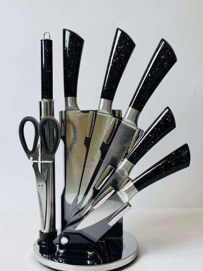 Bass 8-Piece Kitchen Knife Set | Stainless Steel | Marble Coating | Rotating Stand