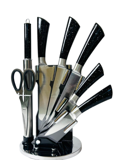 Bass 8-Piece Kitchen Knife Set | Stainless Steel | Marble Coating | Rotating Stand